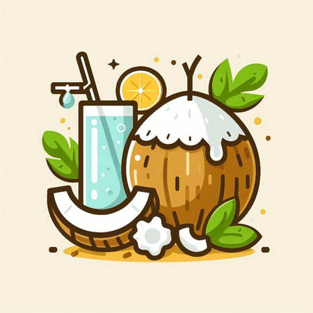 Coconut juice in glass with straw and ice. Vector illustration.のイラスト素材