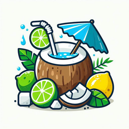 Coconut cocktail with lime and umbrella. Vector cartoon illustration.のイラスト素材