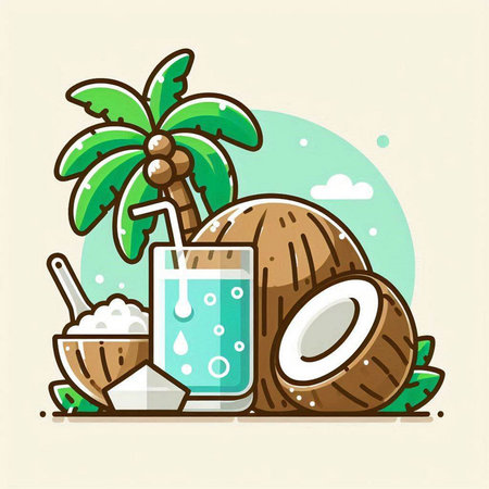 Coconut drink vector illustration. Flat line style design. Coconut drink icon.のイラスト素材