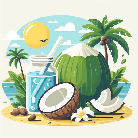 Coconut juice on the beach with palm trees. Vector illustration.のイラスト素材