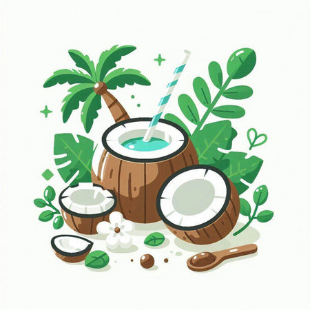Coconut drink with tropical leaves and fruits. Vector illustration.のイラスト素材