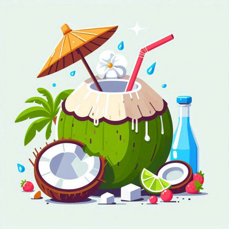 Coconut water drink. Vector illustration in flat cartoon style.のイラスト素材