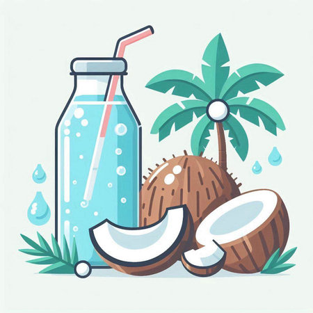 Coconut water in a glass bottle with coconut. Vector illustration.のイラスト素材