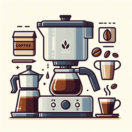 Coffee machine and coffee beans. Vector illustration in flat styleのイラスト素材