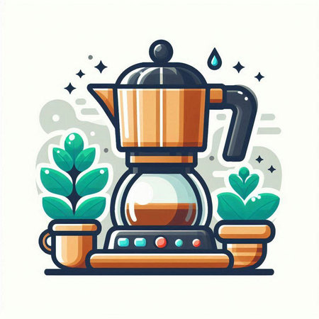 Coffee maker and pot with green plants. Vector illustration.のイラスト素材