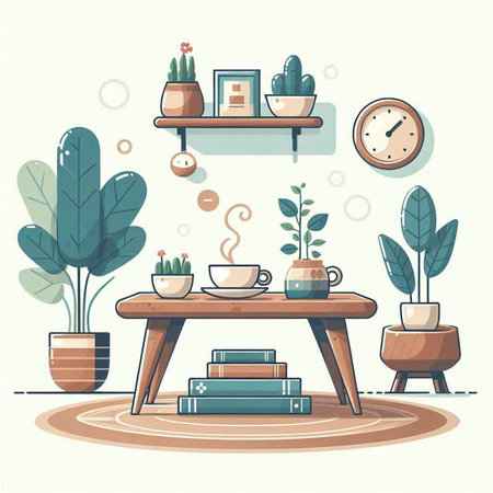 Vector illustration of a cozy living room with a wooden table, coffee cup, books, potted plant and clock.のイラスト素材
