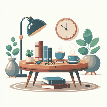 Cozy home interior with books and coffee table. Vector illustration in flat styleのイラスト素材