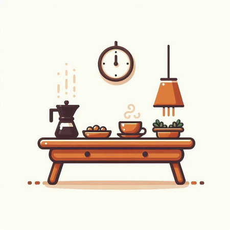 Coffee shop interior with table, coffee maker, coffee cup and clock. Vector illustrationのイラスト素材