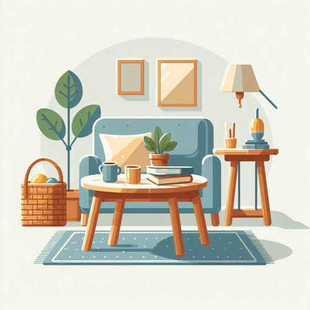 Living room interior with furniture, sofa, armchair, coffee table, wicker basket and plant. Vector illustration.のイラスト素材