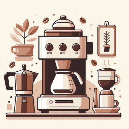 Coffee maker and coffee beans. Vector illustration in flat styleのイラスト素材