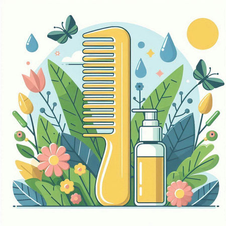 Vector illustration with a hair brush, a bottle of shampoo, flowers and leaves.のイラスト素材