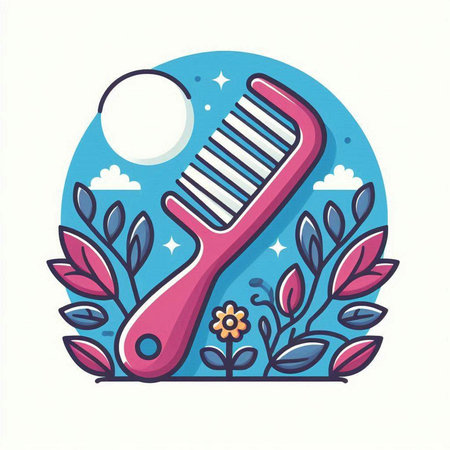 Vector illustration of pink hair comb with floral frame in cartoon style.のイラスト素材