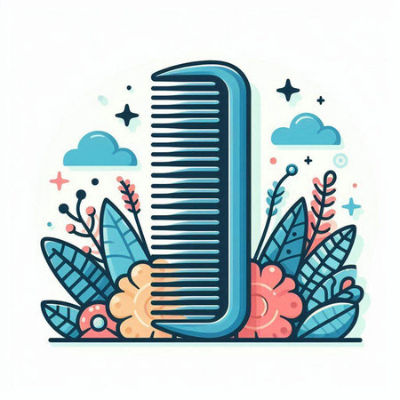 Vector illustration of hair comb with flowers, leaves and stars in flat style.のイラスト素材