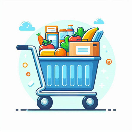 Shopping cart with products. Grocery store. Vector flat illustrationのイラスト素材