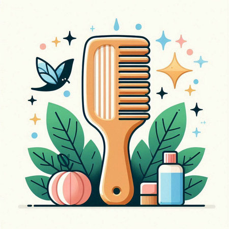 Hair care concept. Hairbrush, shampoo, massage ball, shower gel, lotion. Vector illustrationのイラスト素材