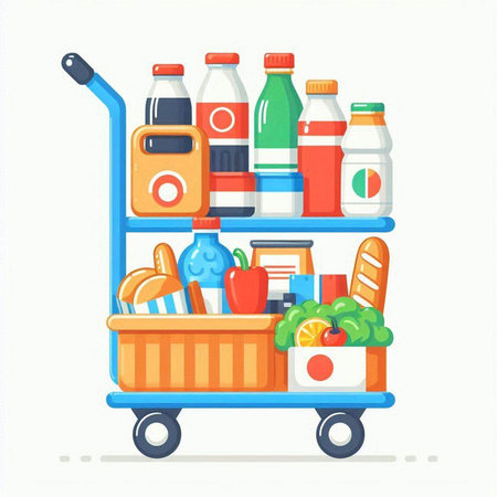 Supermarket trolley full of food and drinks. Grocery cart with products. Vector illustrationのイラスト素材
