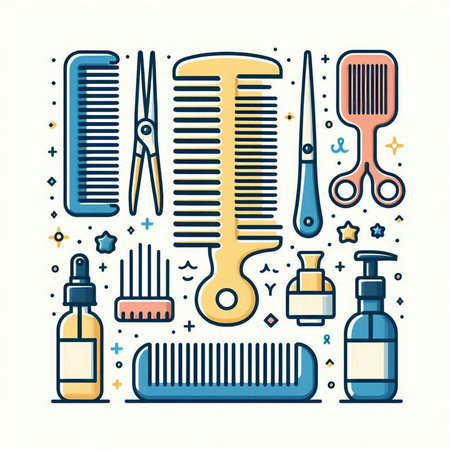 Vector illustration of barber shop. Hairdresser tools, scissors, combs.のイラスト素材