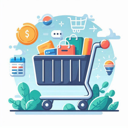 Shopping cart with shopping icons. Online shopping concept. Vector illustrationのイラスト素材