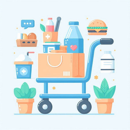 Shopping cart with food and drinks. Flat design vector illustration.のイラスト素材