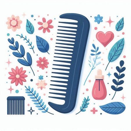 Vector illustration of a comb with a lot of elements for hair care.のイラスト素材