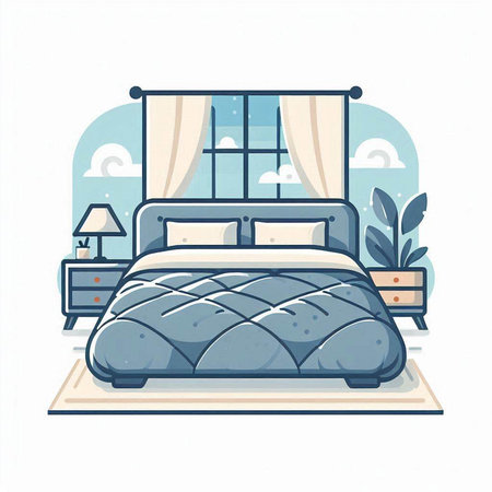 Vector illustration of a cozy bedroom with a bed and a window.のイラスト素材