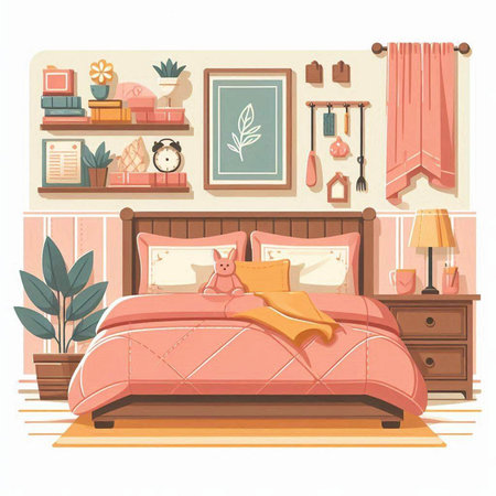 Bedroom interior with furniture. Cozy bedroom in cartoon style. Vector illustration.のイラスト素材
