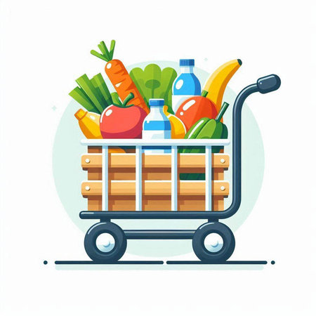 Shopping cart full of healthy food. Vector illustration in flat styleのイラスト素材