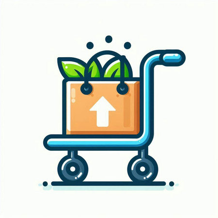 Vector illustration of cart with cardboard box with leaves. Delivery service concept.のイラスト素材