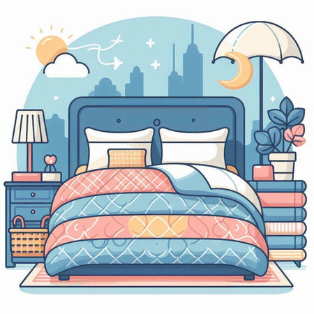 Bedroom interior. Comfortable bed with pillows, blanket and bookcase. Vector illustrationのイラスト素材