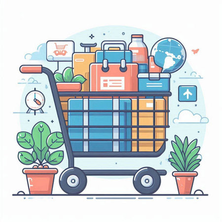 Shopping cart with luggage and travel items. Vector illustration in flat styleのイラスト素材