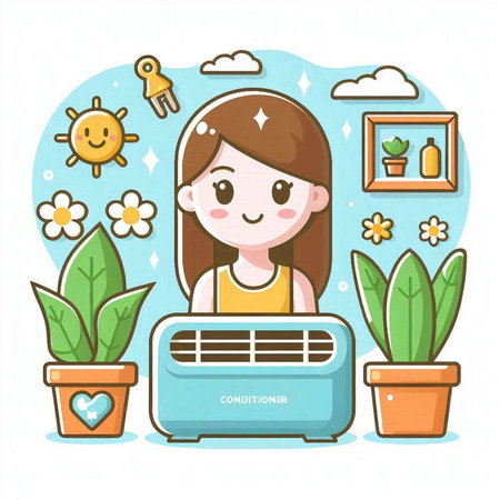 Cute little girl with air conditioner. Vector illustration in cartoon style.のイラスト素材