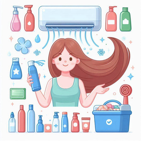 Woman with long hair, shampoo and shower gel. Vector illustration.のイラスト素材