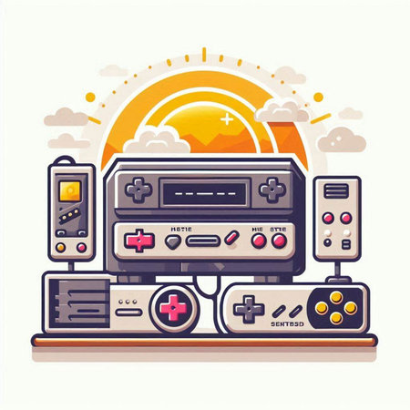 Retro game console vector illustration. Video game console with remote controlのイラスト素材