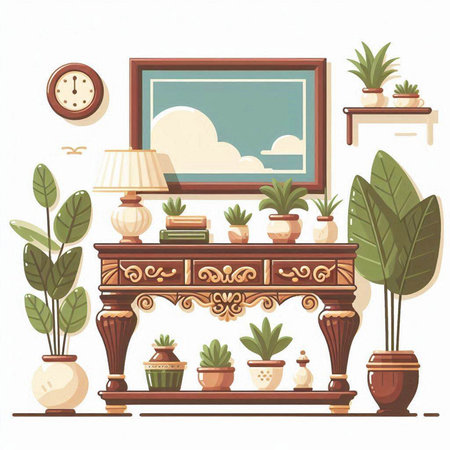 Illustration of a cozy living room with furniture and plants. Vector illustration.のイラスト素材