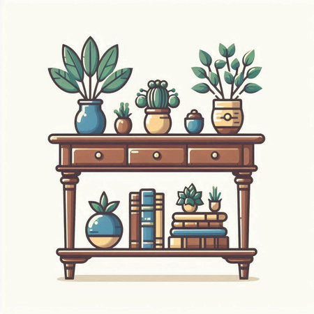 Vector illustration of a wooden shelf with books, potted plants and succulentsのイラスト素材