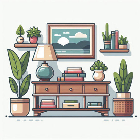 Vector illustration of cozy living room with bookshelf, lamp and plants.のイラスト素材