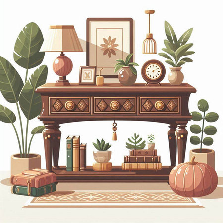 Wooden fireplace with books and plants. Vector illustration in cartoon styleのイラスト素材