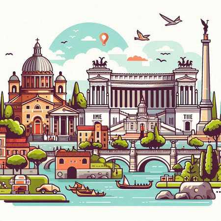 Travel to Italy. Vector illustration in flat style with famous landmarks.のイラスト素材