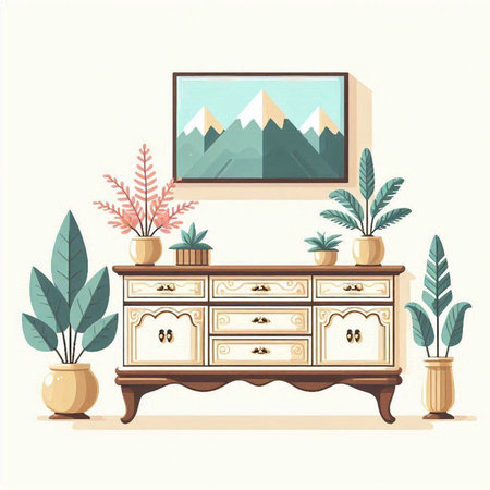 Living room interior with chest of drawers and decorative plants. Vector illustration.のイラスト素材