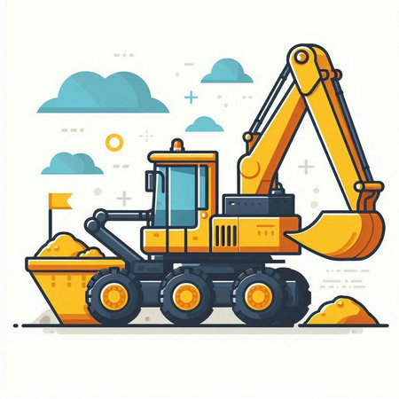 Excavator vector illustration, flat design. Construction machinery, heavy equipment, excavator.のイラスト素材
