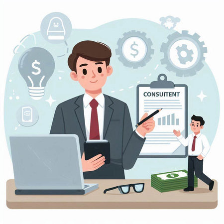 Businessman working at the office. Vector illustration in cartoon style.のイラスト素材