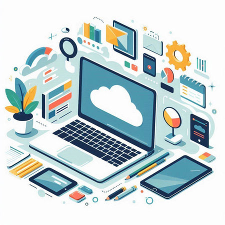 Flat design vector illustration concept of cloud computing technology. Cloud computing, online data storage, social media and networking.のイラスト素材