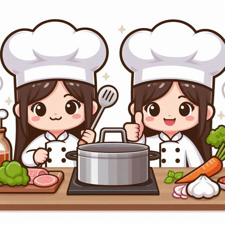 cute chef girls cooking in the kitchen cartoon vector illustration graphic designのイラスト素材