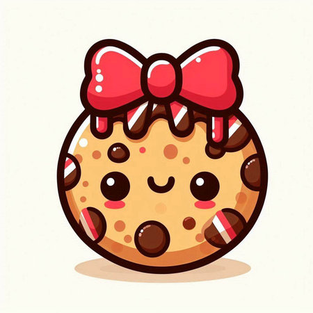 Cute chocolate cookie with a red bow. Vector cartoon illustration.のイラスト素材