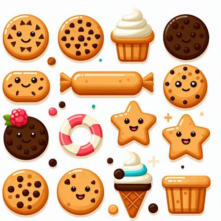 Cute cartoon cookies and sweets vector set. Chocolate, strawberry, ice cream, biscuit, cookie, donut, candy, biscuit, cupcake, lollipop, ice cream, candy, biscuit, cookie, chocolateのイラスト素材