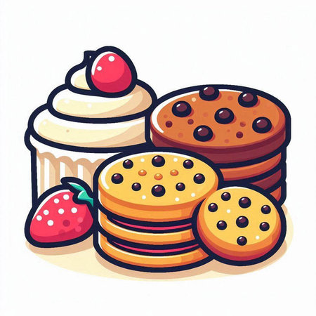 Illustration of a stack of cookies and a strawberry on a white backgroundのイラスト素材