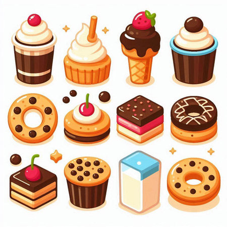 Set of different sweet desserts and cakes. Vector illustration in cartoon style.のイラスト素材