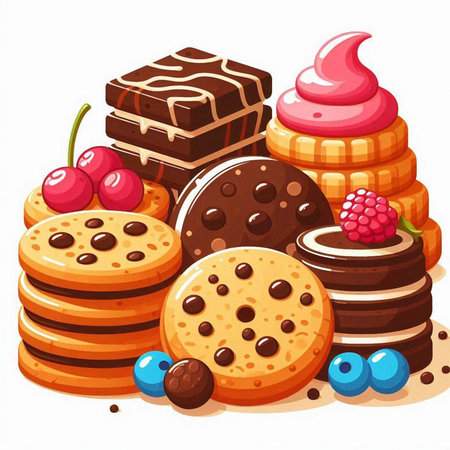 Illustration of a set of chocolate cookies and candies on a white backgroundのイラスト素材