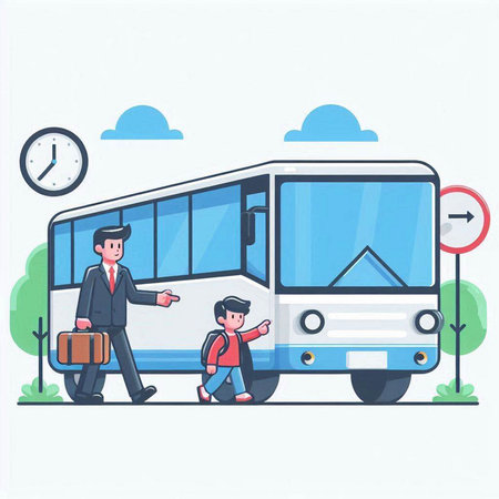 Businessman and his son are going to travel by bus. Vector illustrationのイラスト素材