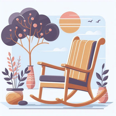 Vector illustration of rocking chair on the background of the summer landscape.のイラスト素材
